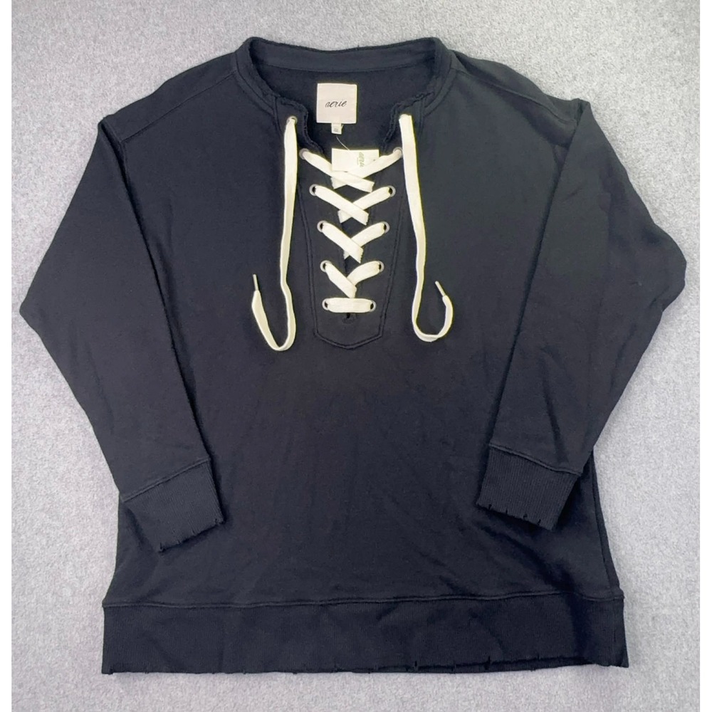 NEW Aerie Lace Up Sweatshirt Distressed‎ Womens Size XS Black Oversized